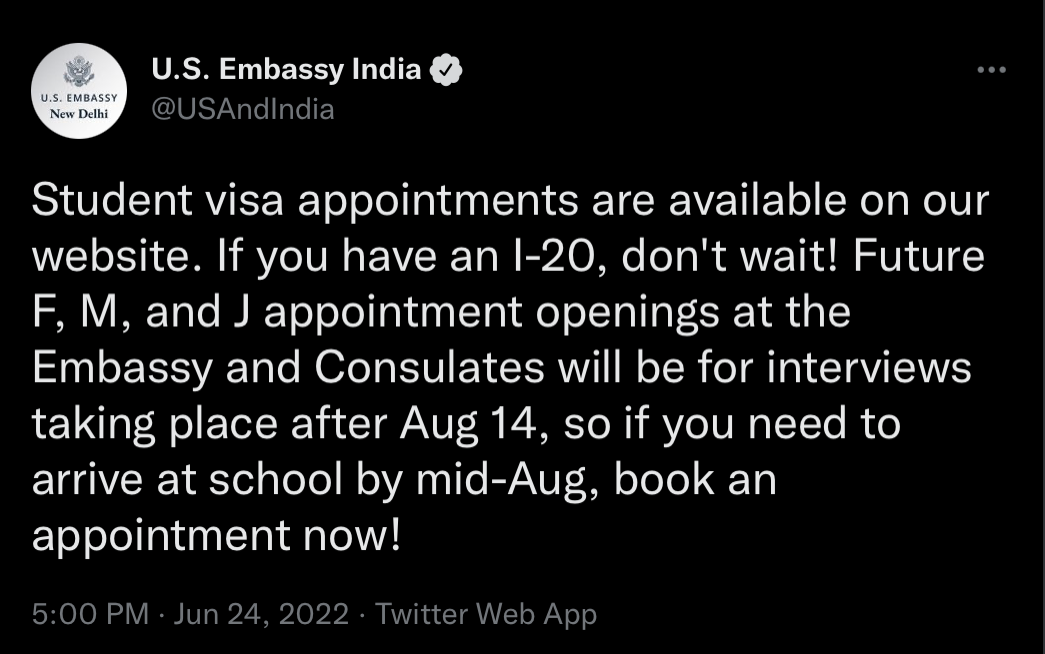 Update regarding the USA visa slot booking for students