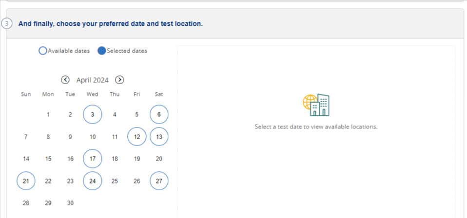 Date and Test location for TOEFL Test
