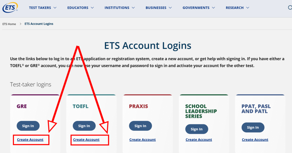 TOEFL Website registration