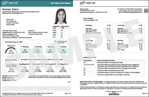 TOEFL exam score card