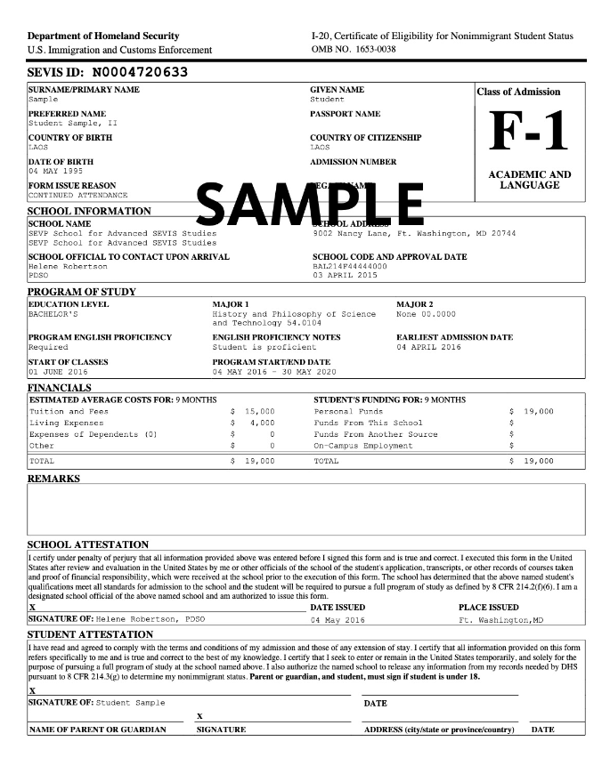 Sample for certificate of eligibility for non-immigrant student 