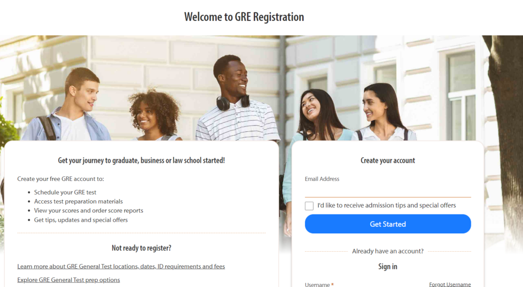 GRE Exam registration panel