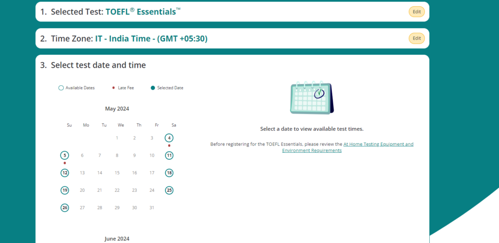 TOEFL test date and time