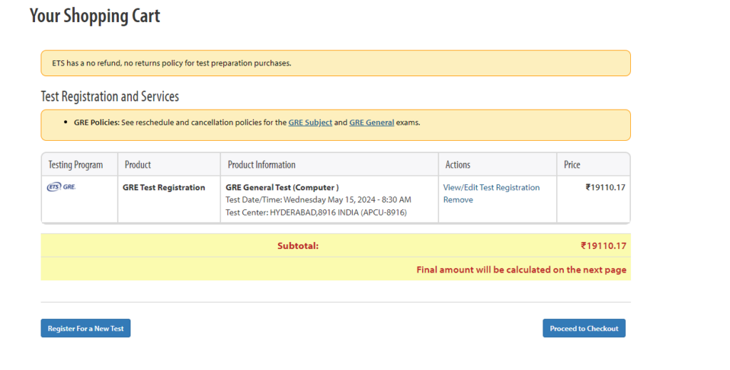 GRE Exam Registration test fee