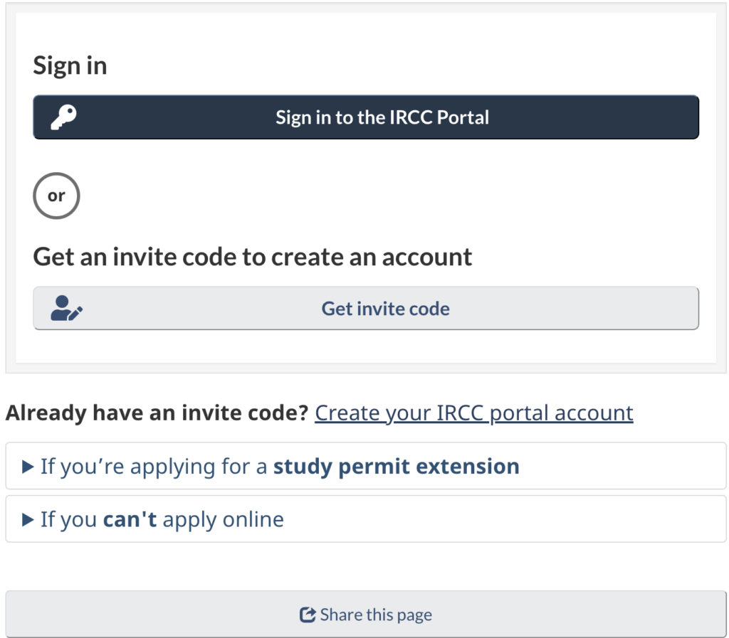 Application page IRCC portal