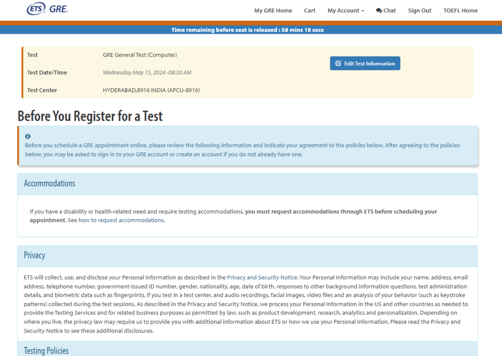 Confirm GRE test details
