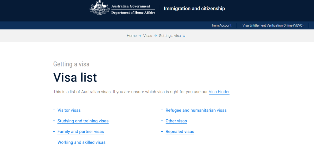 Australian government visa list