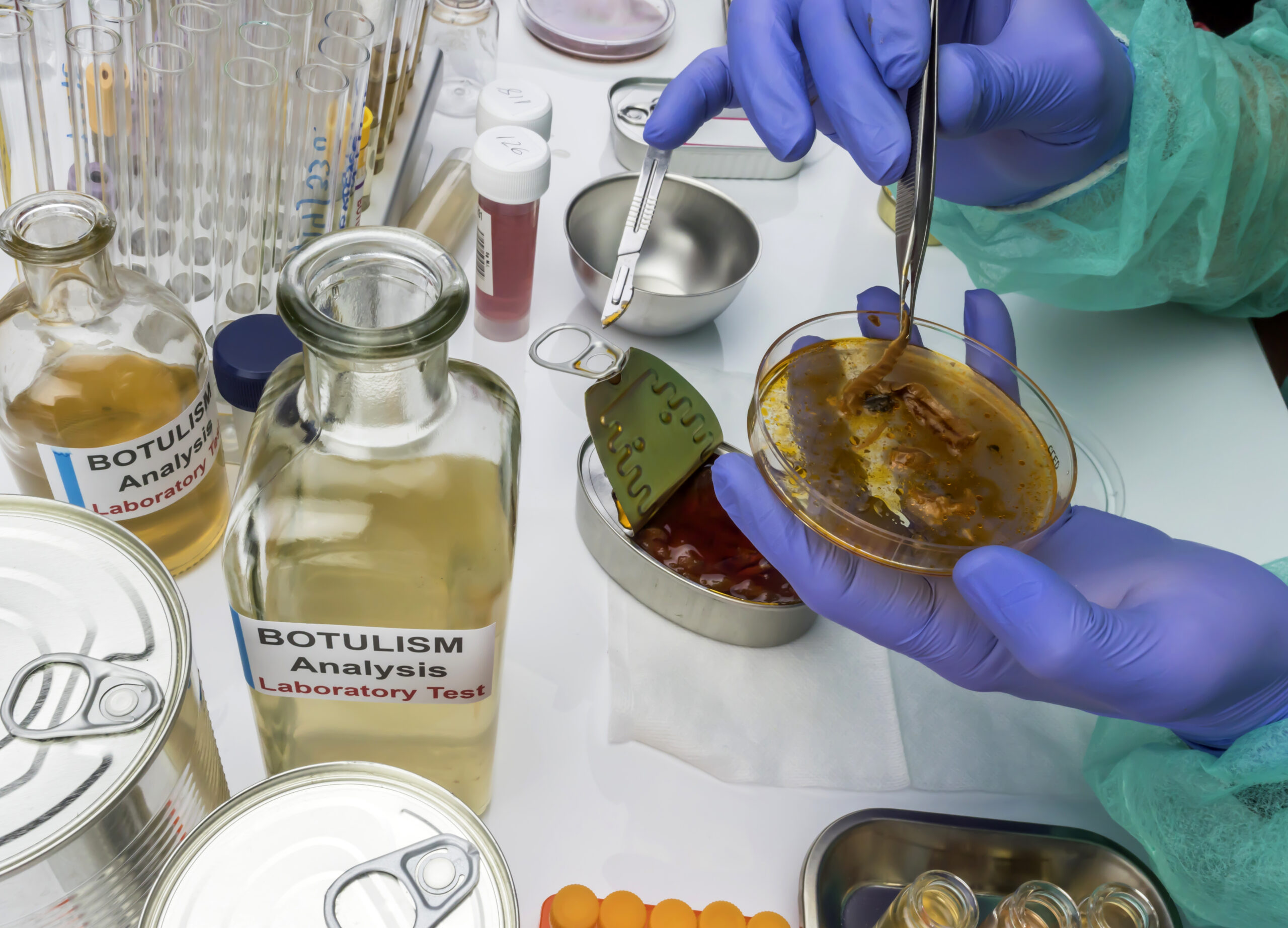 Experienced laboratory scientist analyzing a sample from a canned food can, botulism infection in sick people, conceptual image