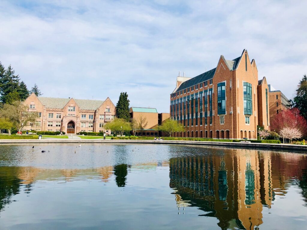 Serene university campus with reflecting pond