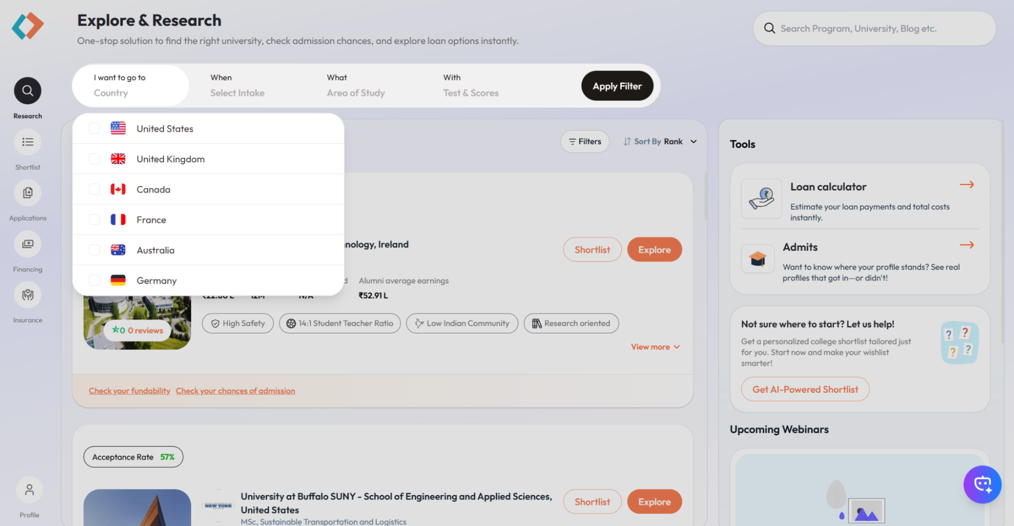 best matched university with Selectright based on ROI