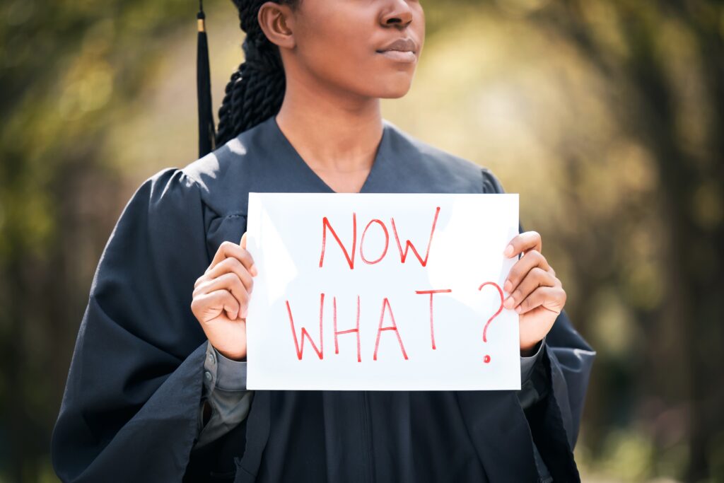 Woman,,Graduate,And,Uncertain,With,Now,What,Sign,For,Future